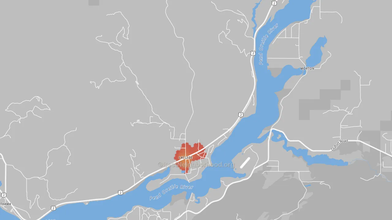 Walk Grade map of Laclede, ID, walkable areas in green and car-dependent areas in red
