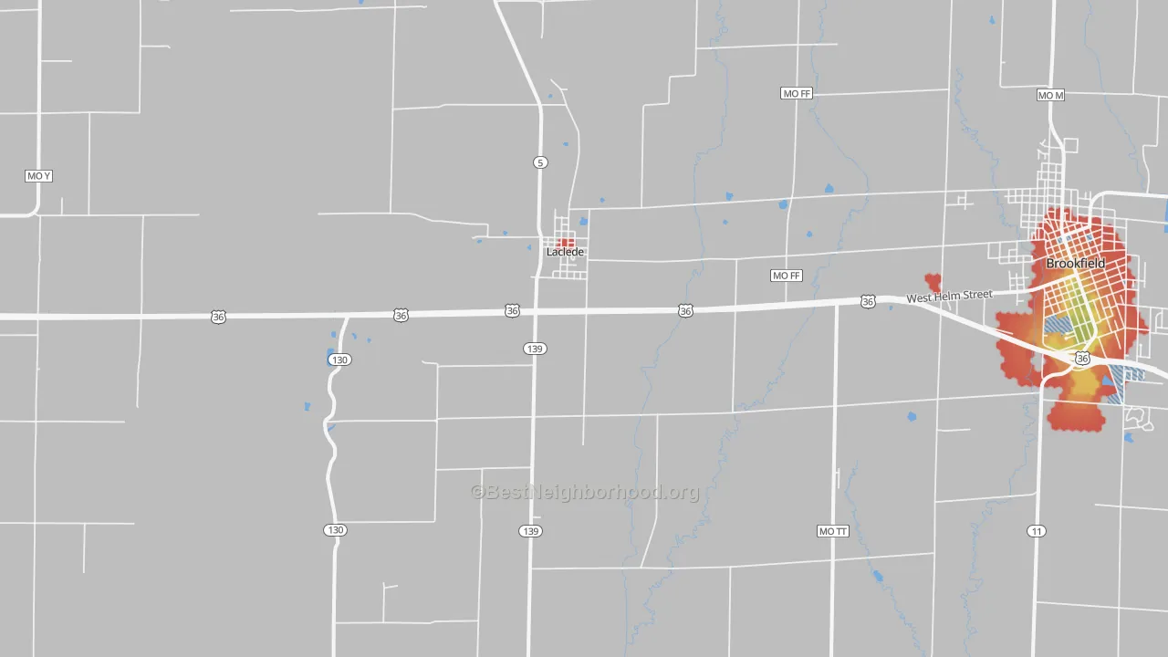 Walk Grade map of Laclede, MO, walkable areas in green and car-dependent areas in red