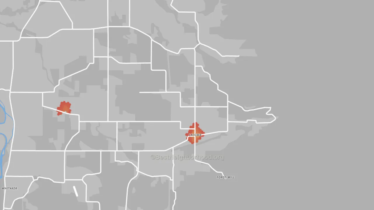 Walk Grade map of Lacomb, OR, walkable areas in green and car-dependent areas in red