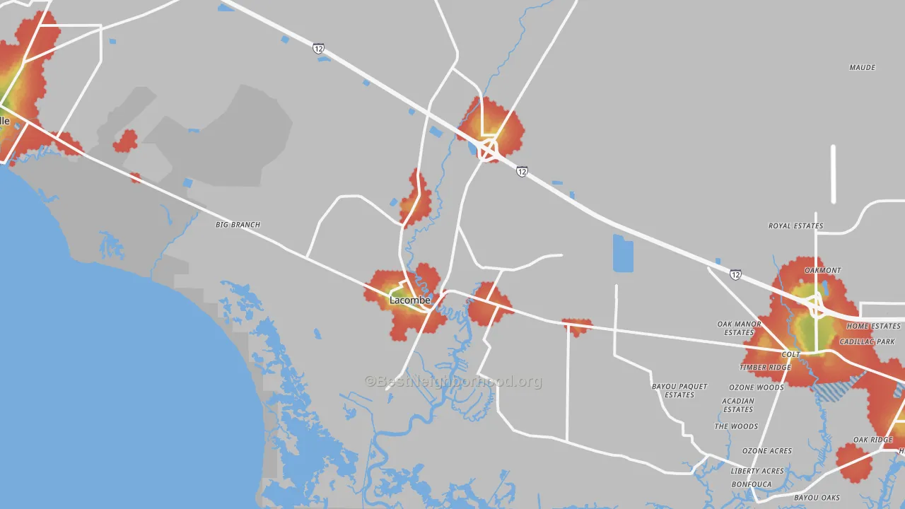 Walk Grade map of Lacombe, LA, walkable areas in green and car-dependent areas in red