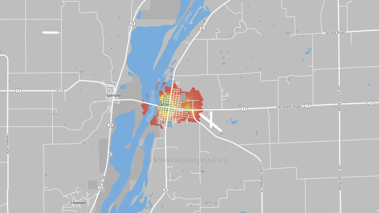 Walk Grade map of Lacon, IL, walkable areas in green and car-dependent areas in red