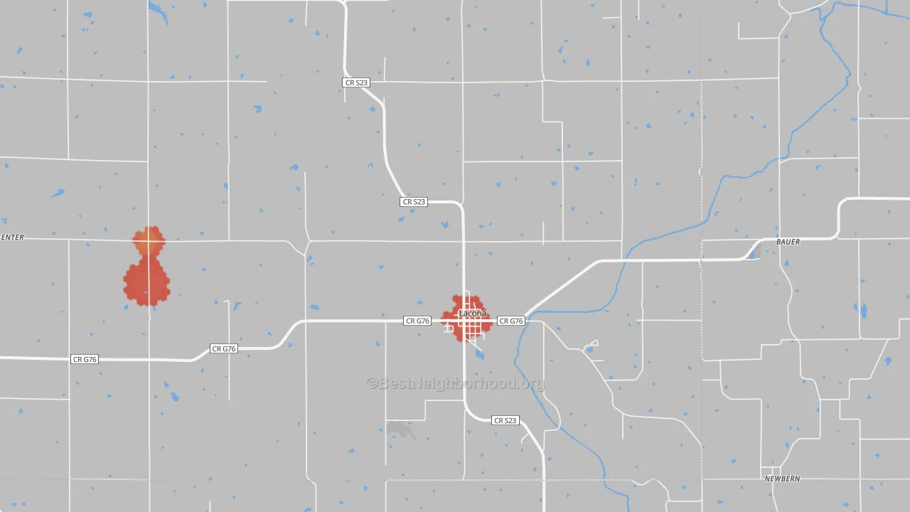 Walk Grade map of Lacona, IA, walkable areas in green and car-dependent areas in red