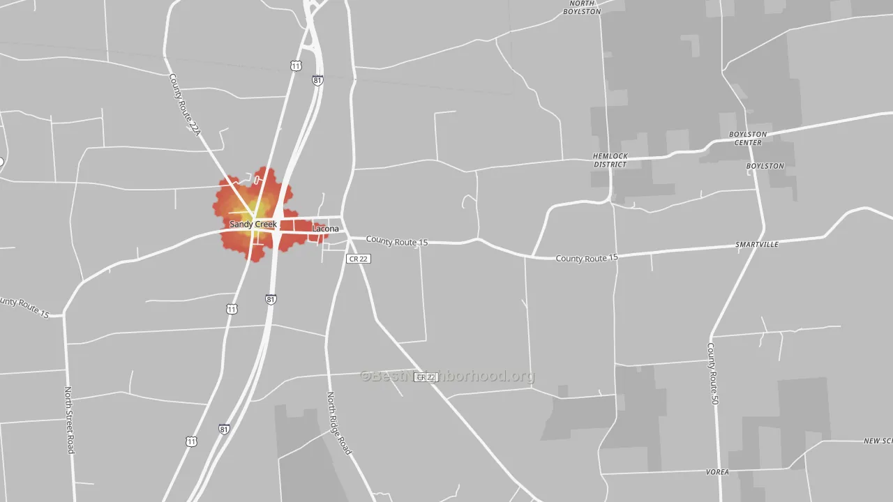 Walk Grade map of Lacona, NY, walkable areas in green and car-dependent areas in red