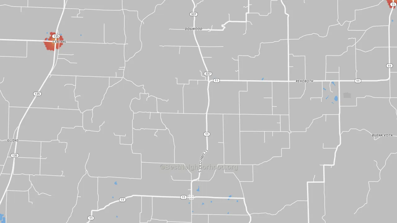 Walk Grade map of Laconia, IN, walkable areas in green and car-dependent areas in red