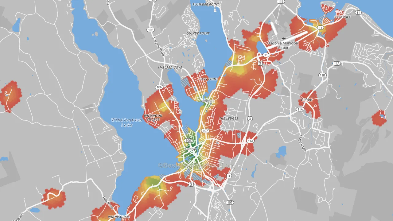 Walk Grade map of Laconia, NH, walkable areas in green and car-dependent areas in red