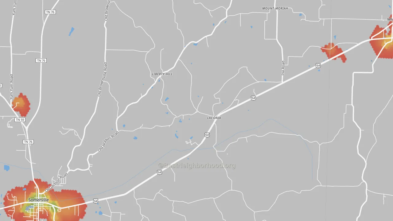 Walk Grade map of Laconia, TN, walkable areas in green and car-dependent areas in red