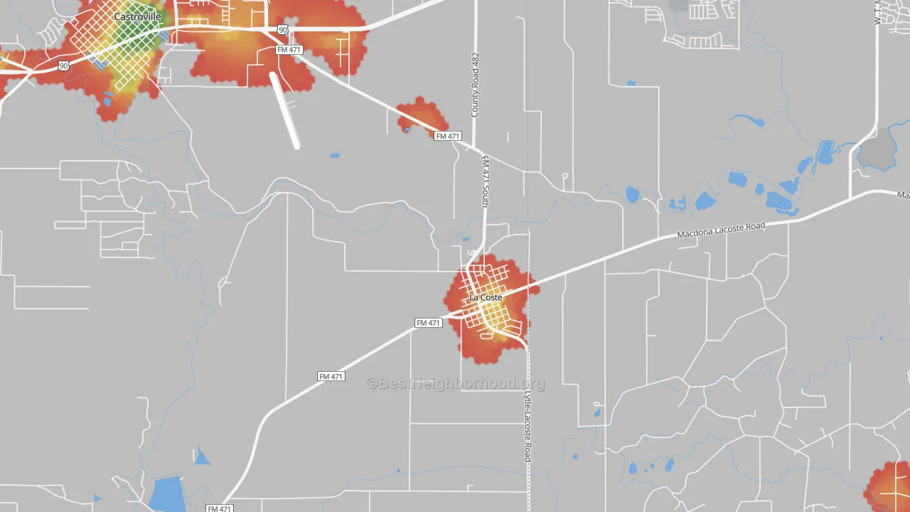 Walk Grade map of Lacoste, TX, walkable areas in green and car-dependent areas in red