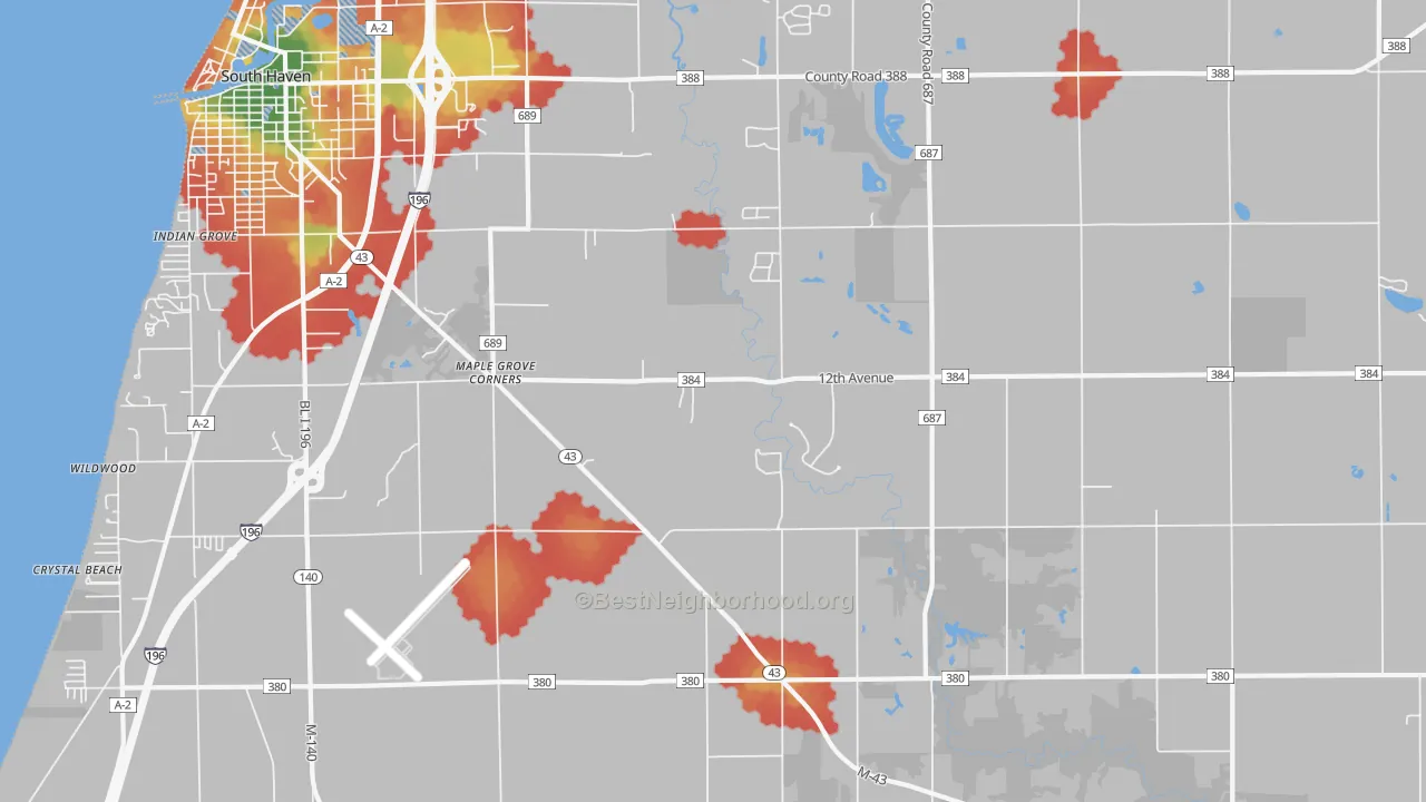 Walk Grade map of Lacota, MI, walkable areas in green and car-dependent areas in red