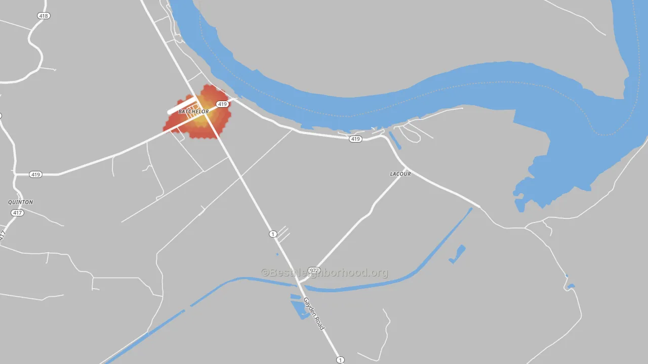 Walk Grade map of Lacour, LA, walkable areas in green and car-dependent areas in red