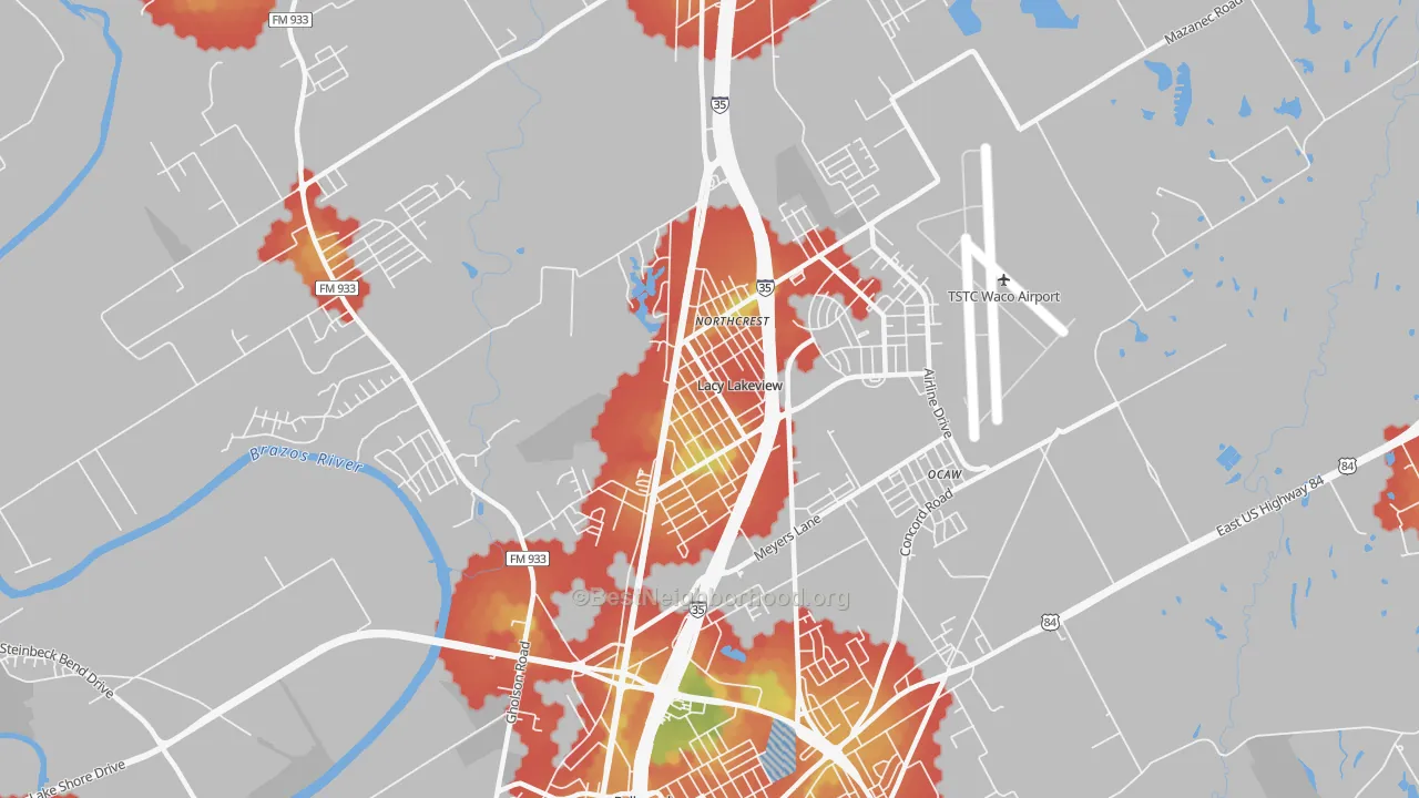 Walk Grade map of Lacy-Lakeview, TX, walkable areas in green and car-dependent areas in red