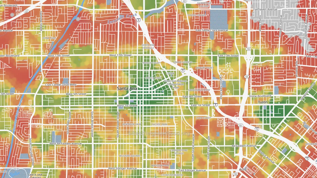 Walk Grade map of Lacy, Santa Ana, CA, walkable areas in green and car-dependent areas in red