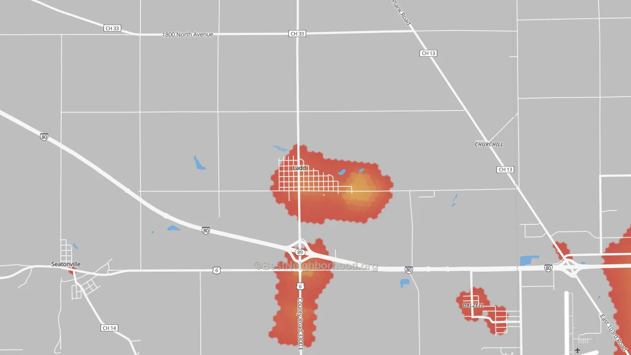 Walk Grade map of Ladd, IL, walkable areas in green and car-dependent areas in red