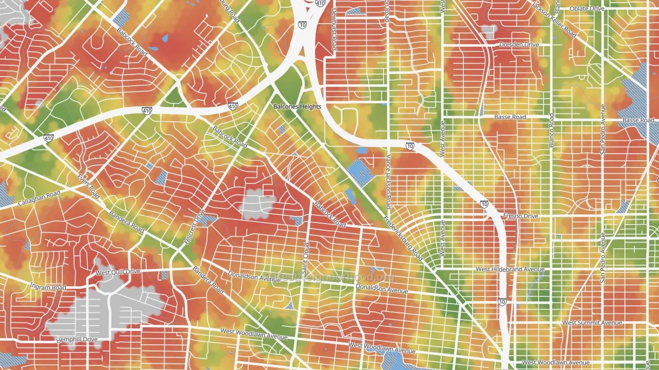 Walk Grade map of Laddie Place and North Wilson, San Antonio, TX, walkable areas in green and car-dependent areas in red