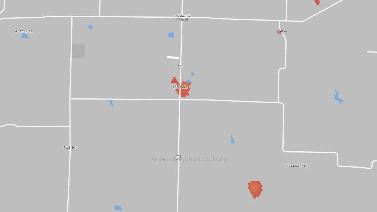 Walk Grade map of Laddonia, MO, walkable areas in green and car-dependent areas in red