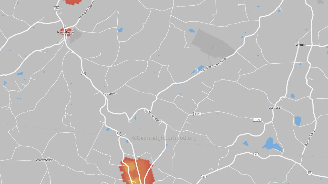 Walk Grade map of Laddsburg, PA, walkable areas in green and car-dependent areas in red