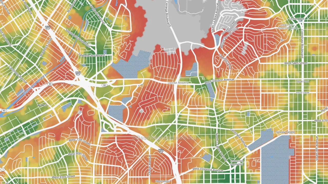 Walk Grade map of Ladera Heights, CA, walkable areas in green and car-dependent areas in red