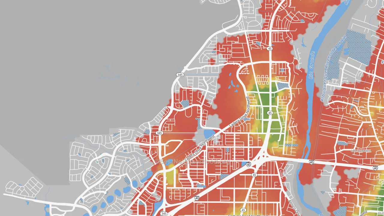 Walk Grade map of Ladera West, Albuquerque, NM, walkable areas in green and car-dependent areas in red