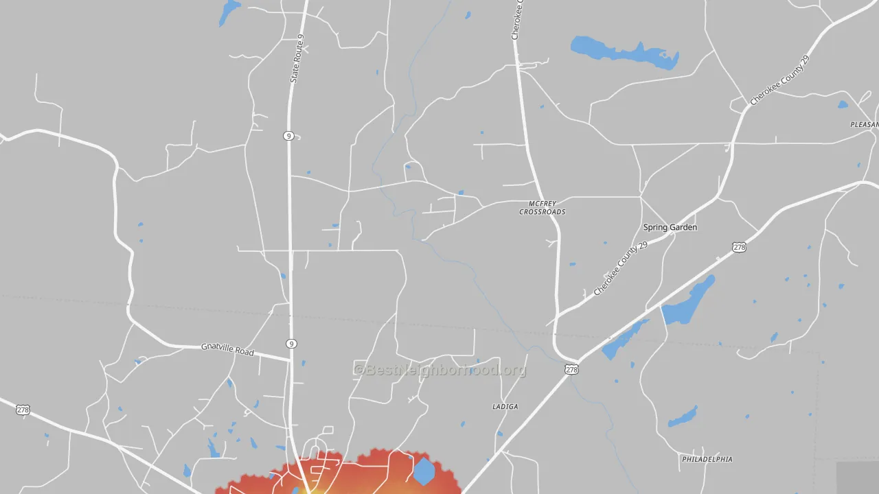 Walk Grade map of Ladiga, AL, walkable areas in green and car-dependent areas in red