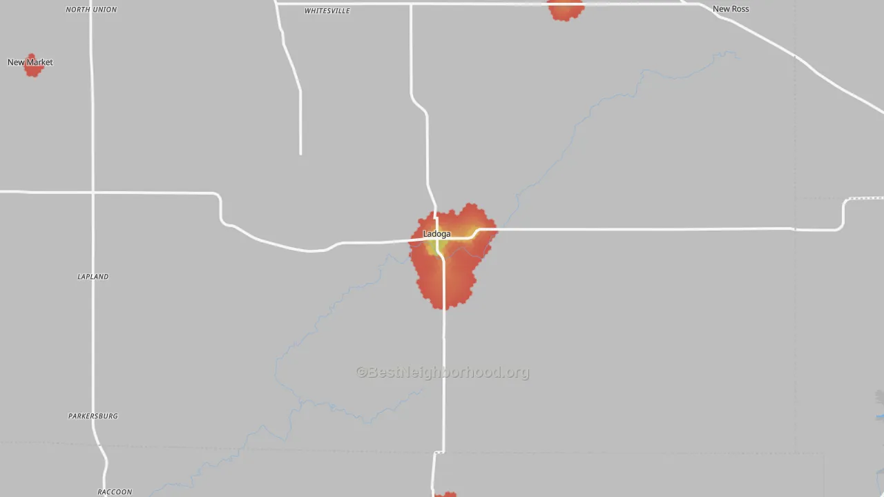Walk Grade map of Ladoga, IN, walkable areas in green and car-dependent areas in red