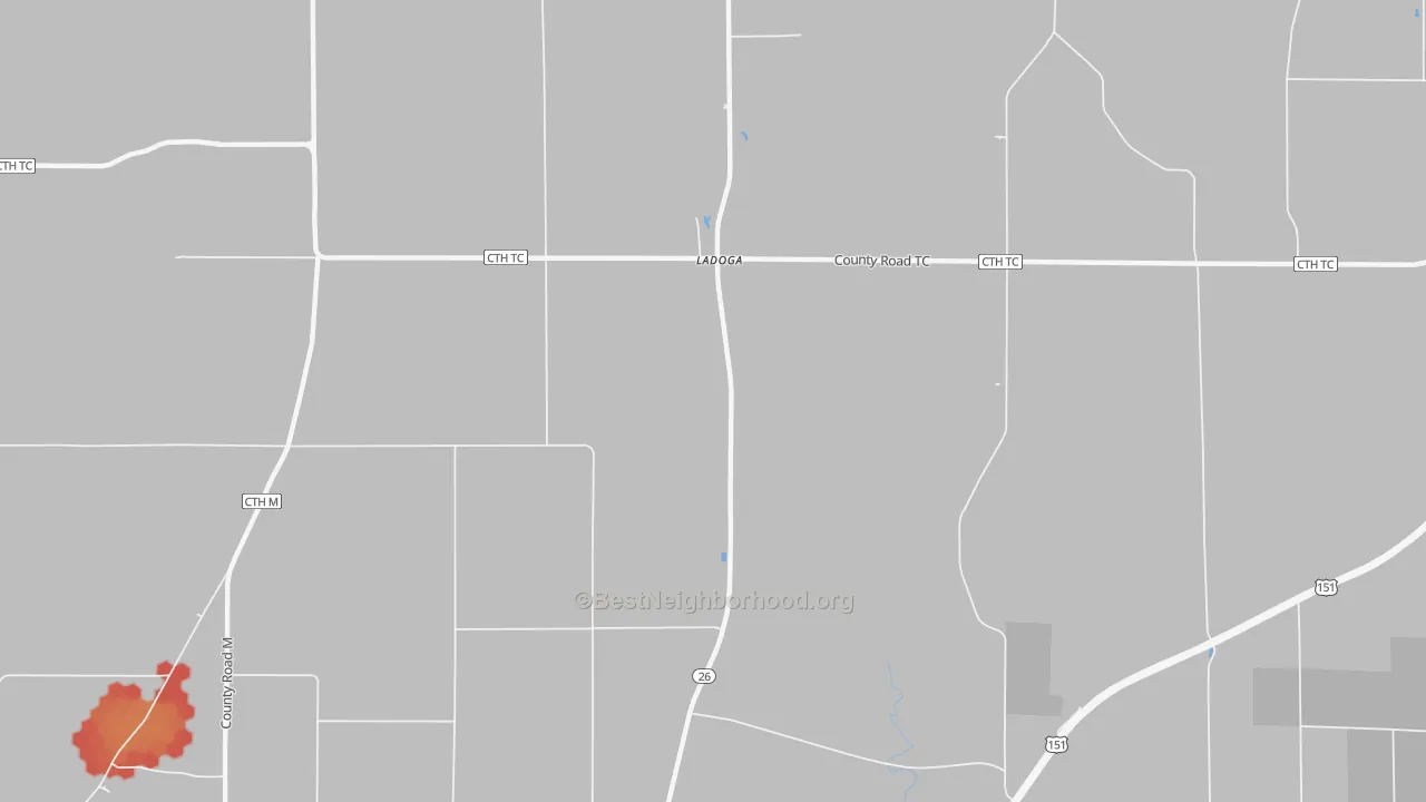 Walk Grade map of Ladoga, WI, walkable areas in green and car-dependent areas in red
