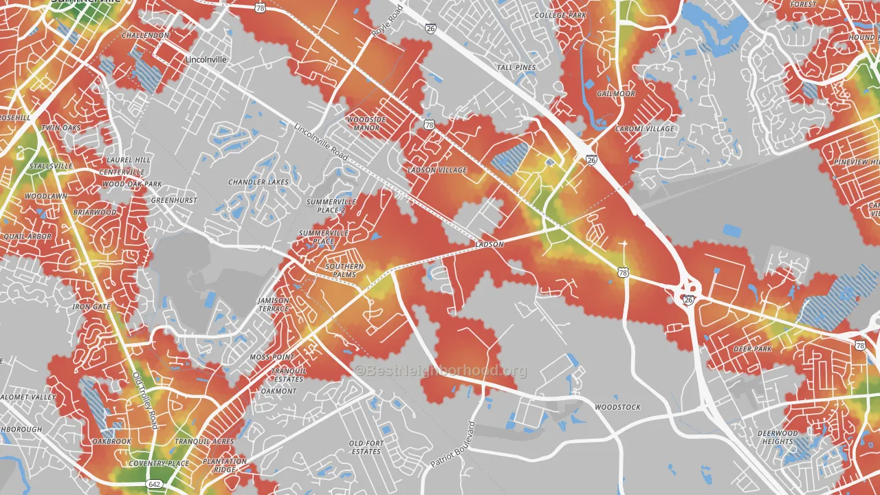 Walk Grade map of Ladson, SC, walkable areas in green and car-dependent areas in red