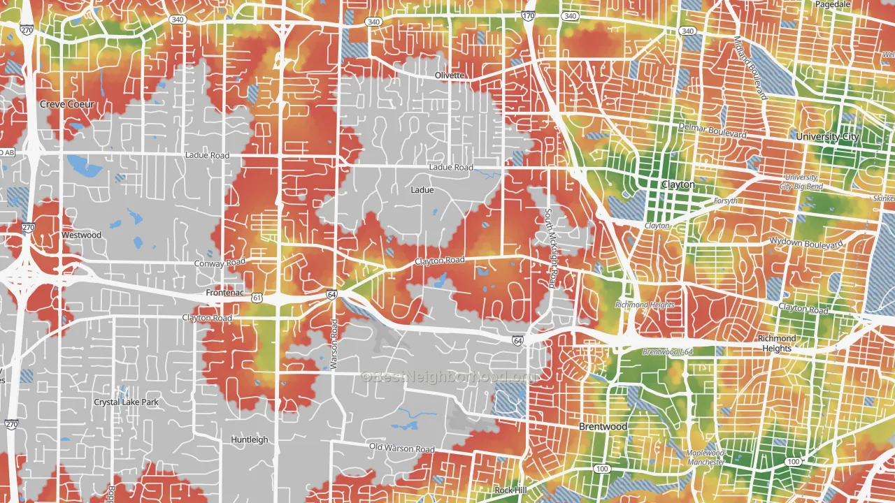 Walk Grade map of Ladue, MO, walkable areas in green and car-dependent areas in red