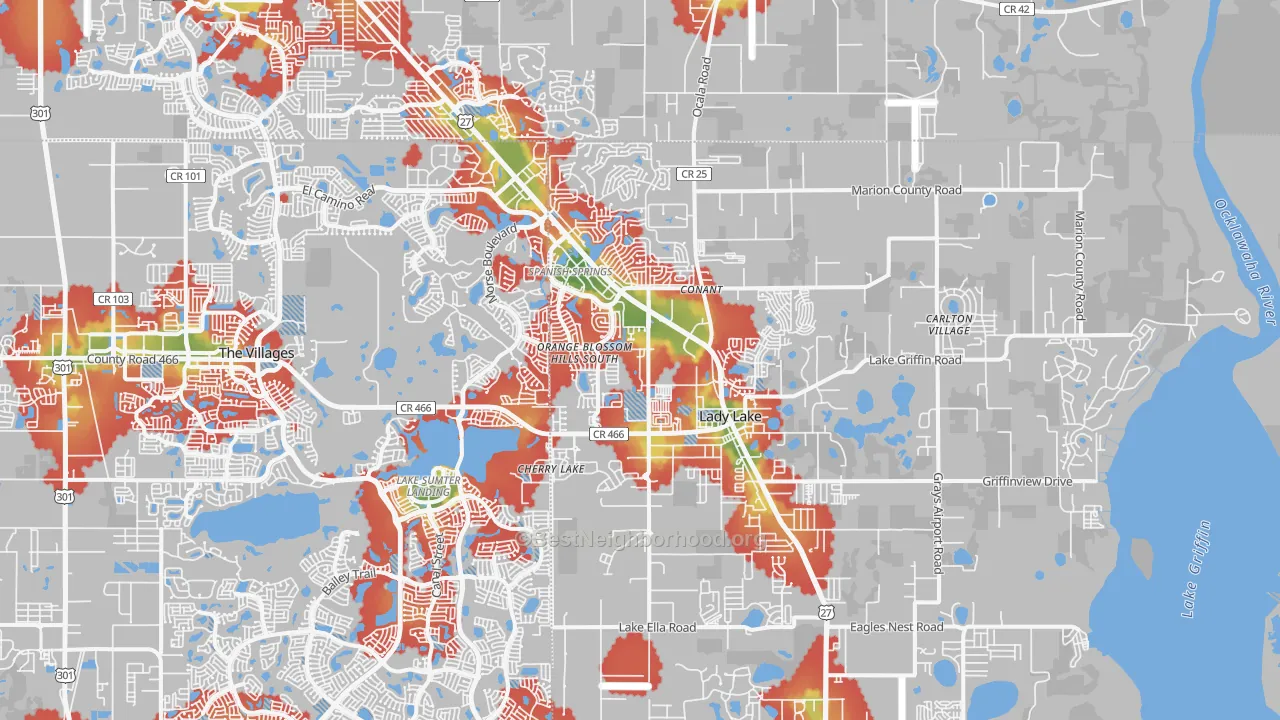 Walk Grade map of Lady Lake, FL, walkable areas in green and car-dependent areas in red