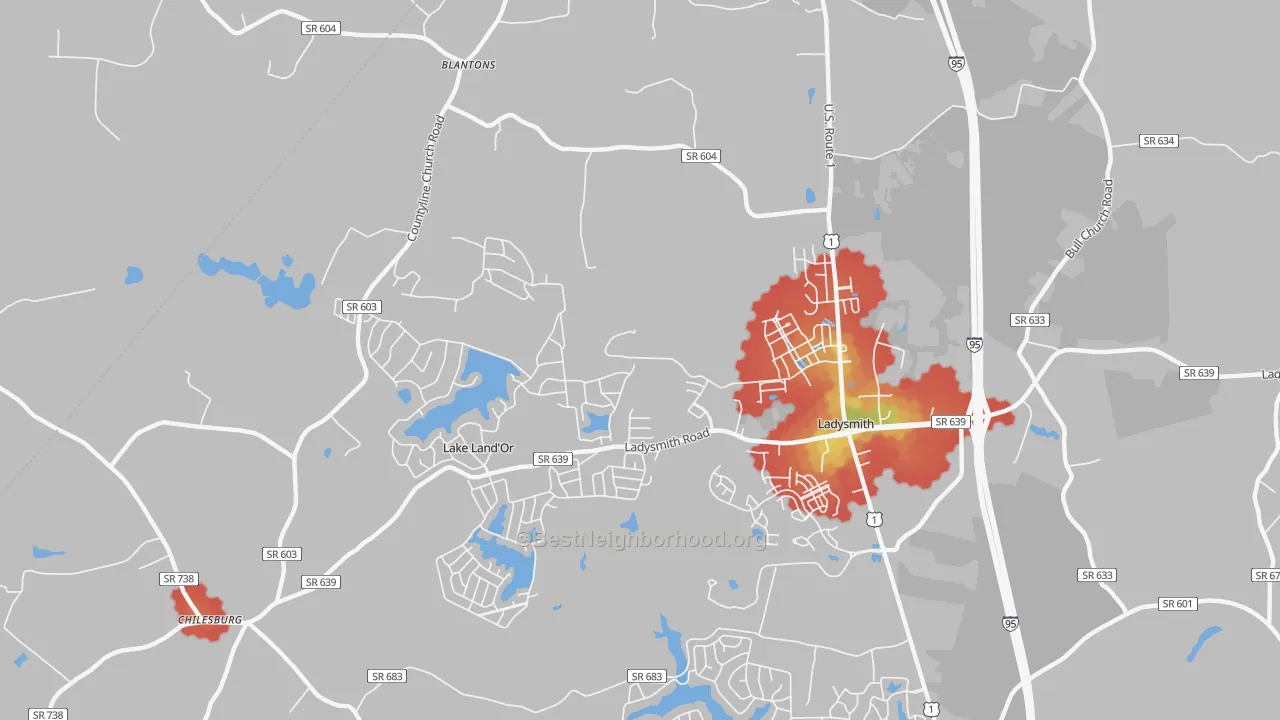 Walk Grade map of Ladysmith, VA, walkable areas in green and car-dependent areas in red