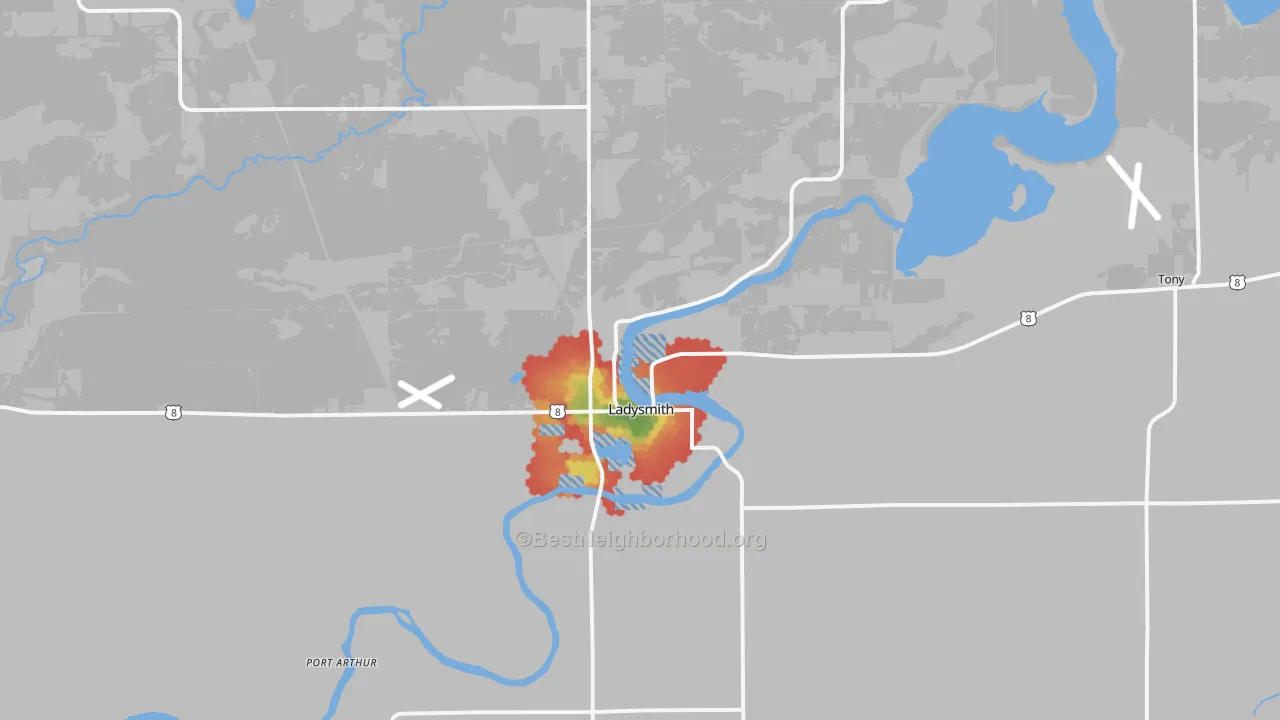 Walk Grade map of Ladysmith, WI, walkable areas in green and car-dependent areas in red