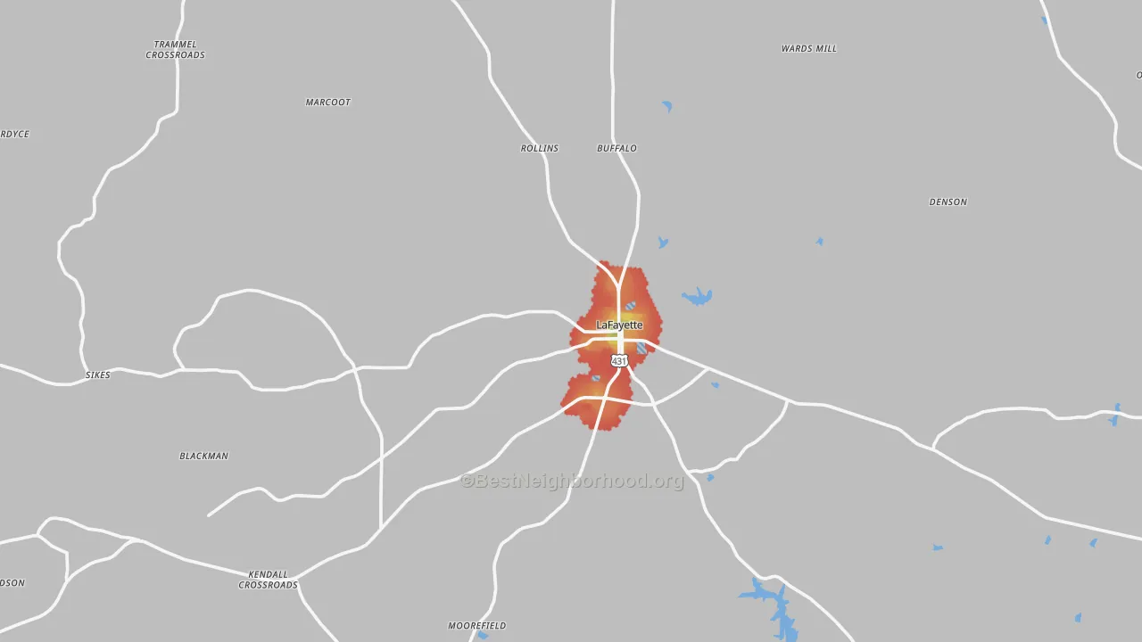 Walk Grade map of Lafayette, AL, walkable areas in green and car-dependent areas in red