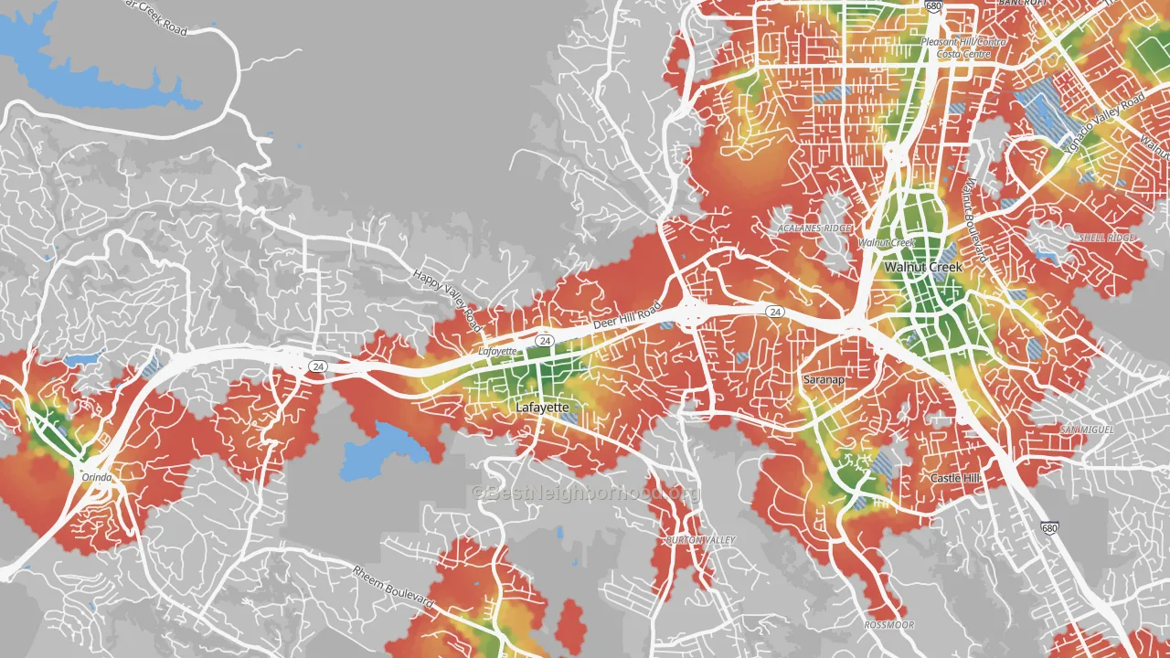 Walk Grade map of Lafayette, CA, walkable areas in green and car-dependent areas in red