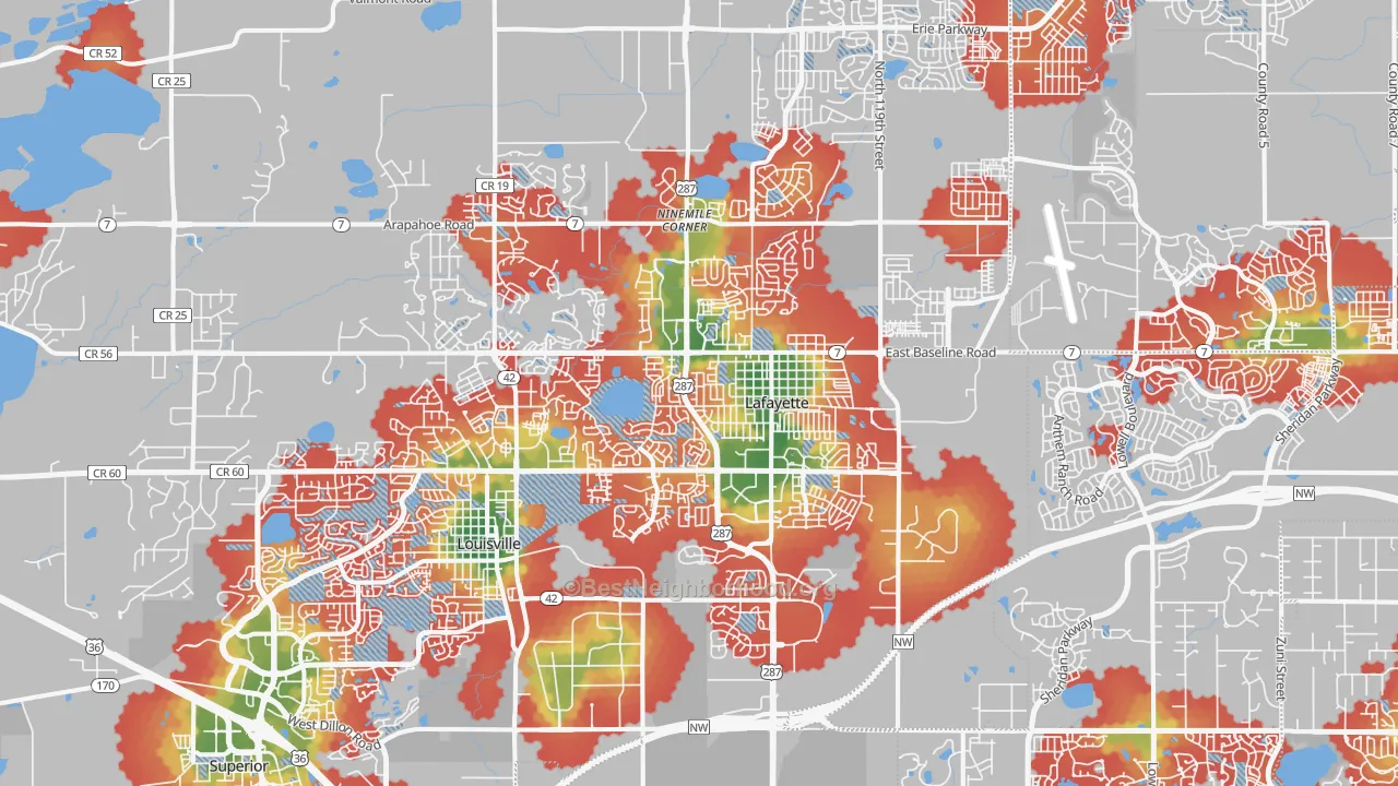 Walk Grade map of Lafayette, CO, walkable areas in green and car-dependent areas in red