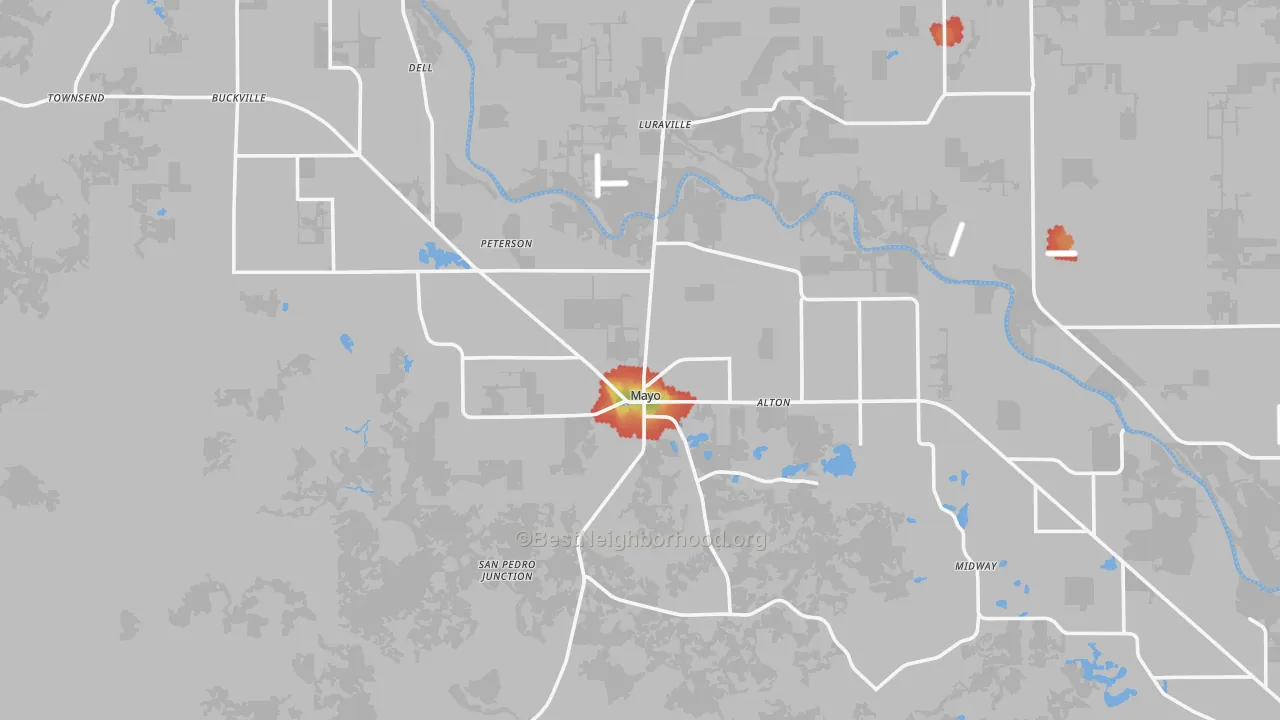 Walk Grade map of Lafayette County, FL, walkable areas in green and car-dependent areas in red