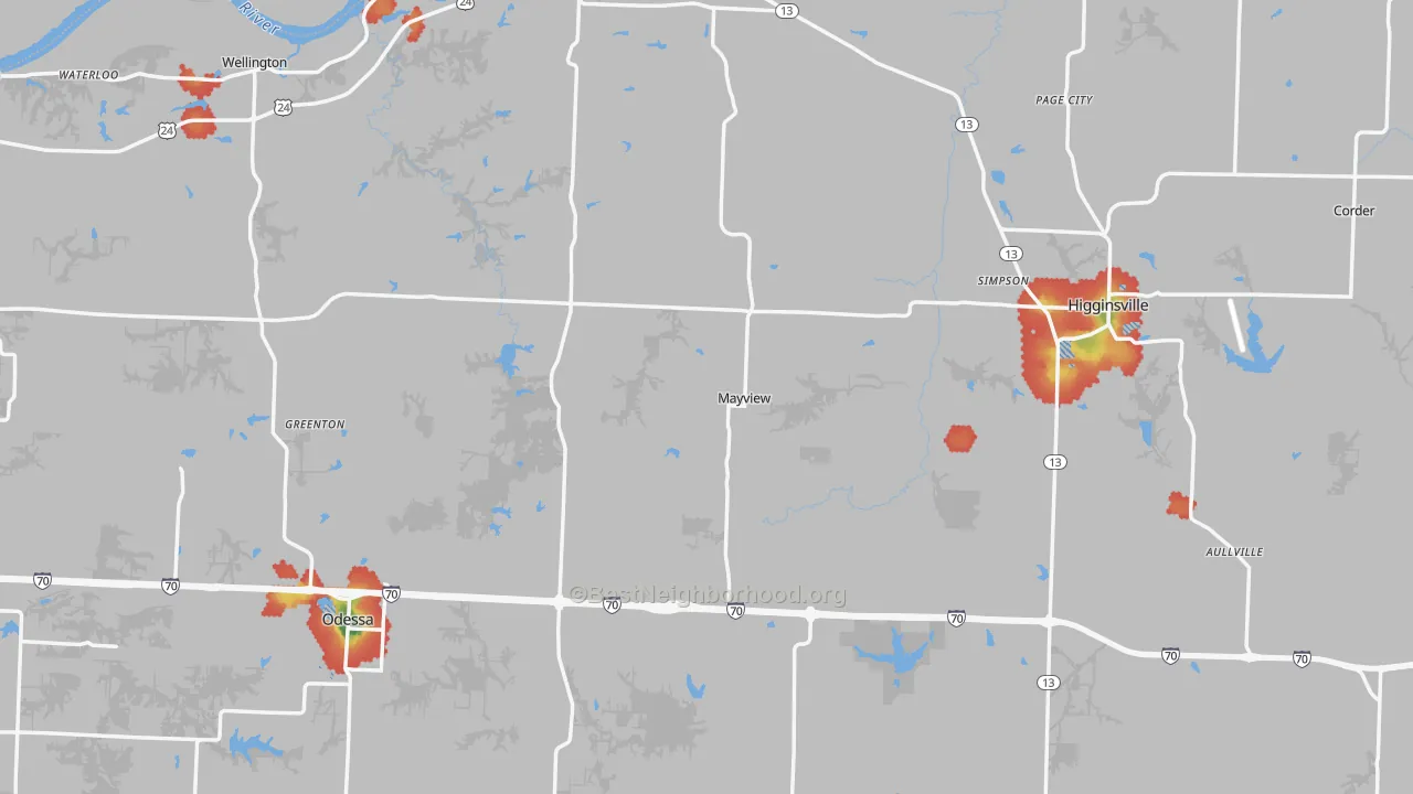 Walk Grade map of Lafayette County, MO, walkable areas in green and car-dependent areas in red