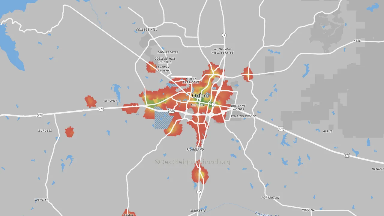 Walk Grade map of Lafayette County, MS, walkable areas in green and car-dependent areas in red