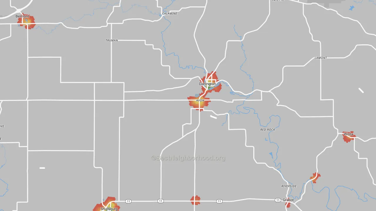 Walk Grade map of Lafayette County, WI, walkable areas in green and car-dependent areas in red