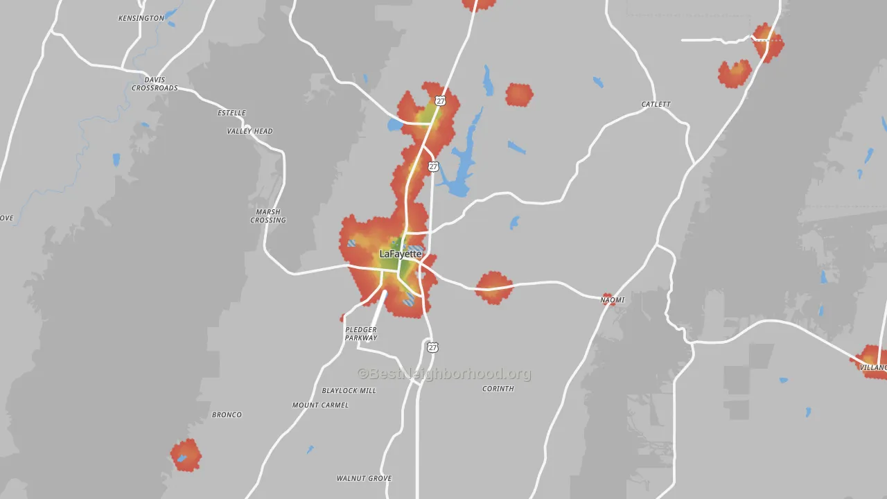 Walk Grade map of Lafayette, GA, walkable areas in green and car-dependent areas in red