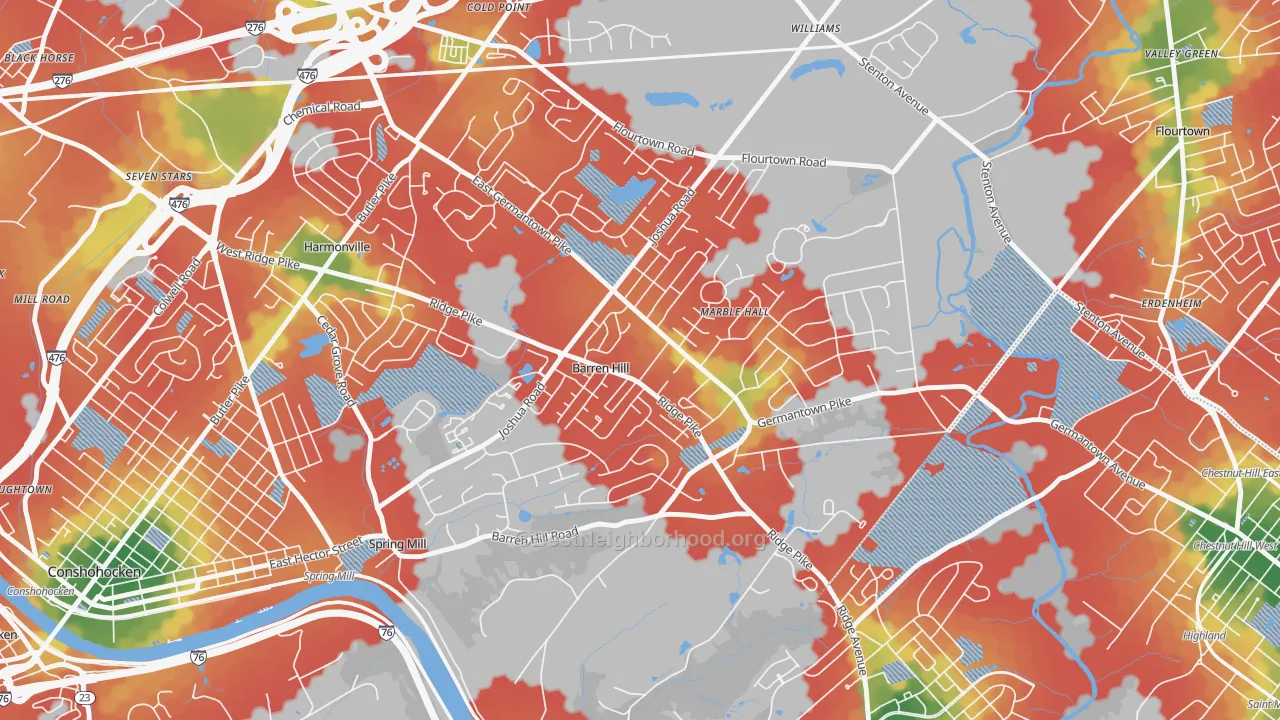 Walk Grade map of Lafayette Hill, PA, walkable areas in green and car-dependent areas in red