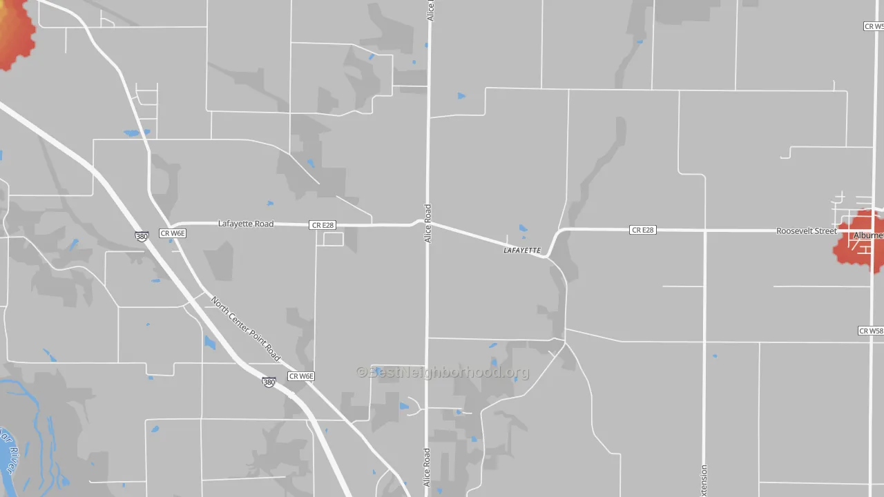 Walk Grade map of Lafayette, IA, walkable areas in green and car-dependent areas in red