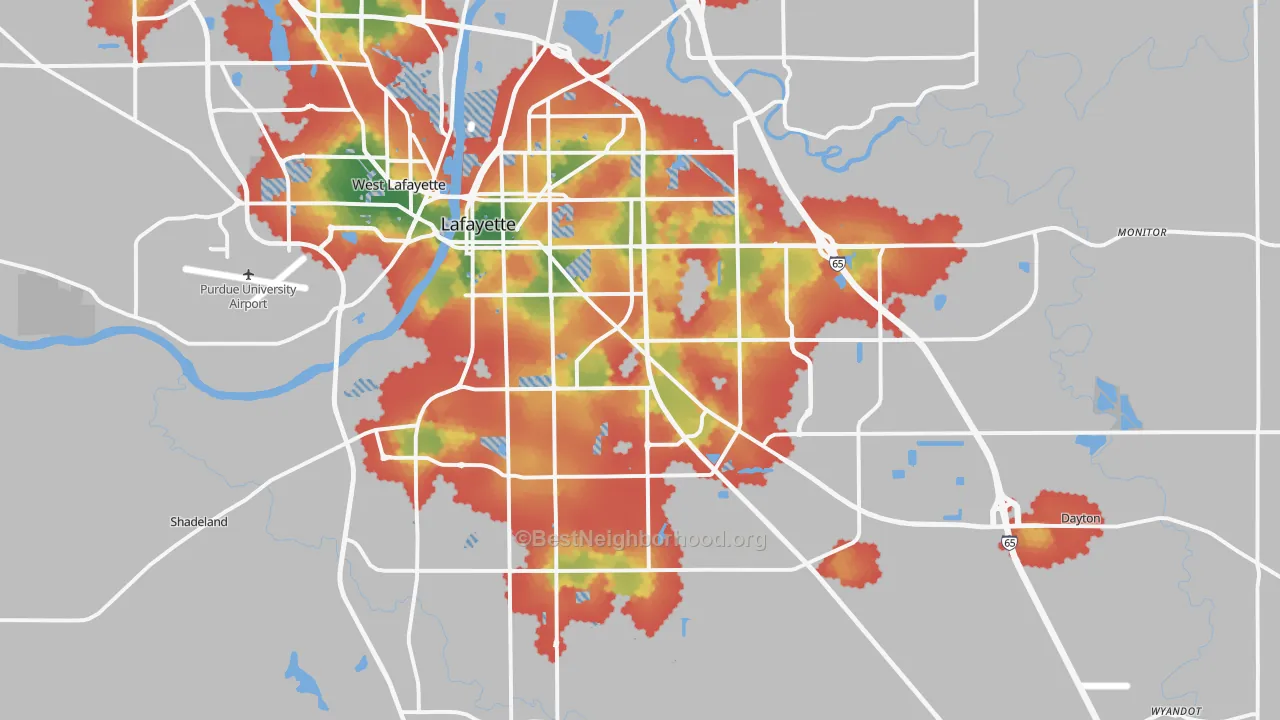 Walk Grade map of Lafayette, IN, walkable areas in green and car-dependent areas in red