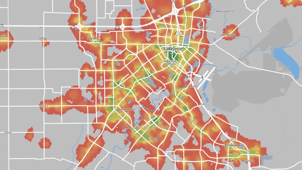 Walk Grade map of Lafayette, LA, walkable areas in green and car-dependent areas in red