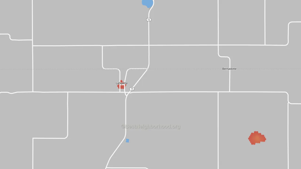 Walk Grade map of Lafayette, MN, walkable areas in green and car-dependent areas in red