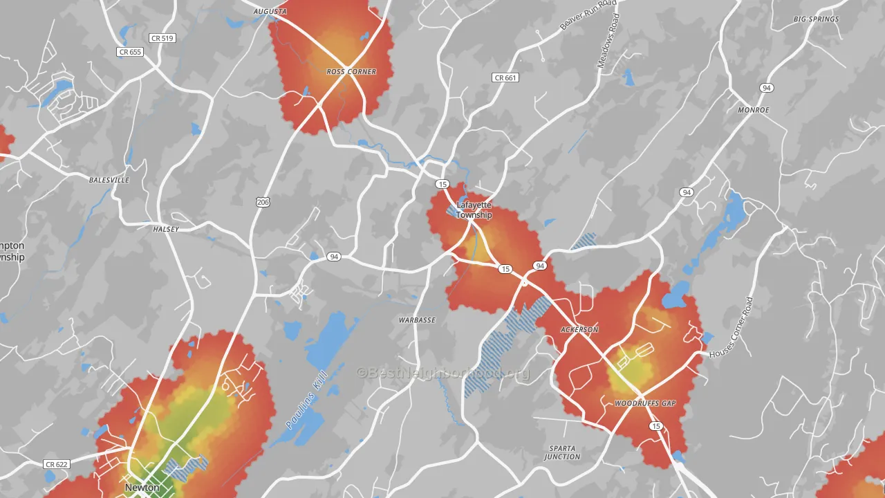 Walk Grade map of Lafayette, NJ, walkable areas in green and car-dependent areas in red