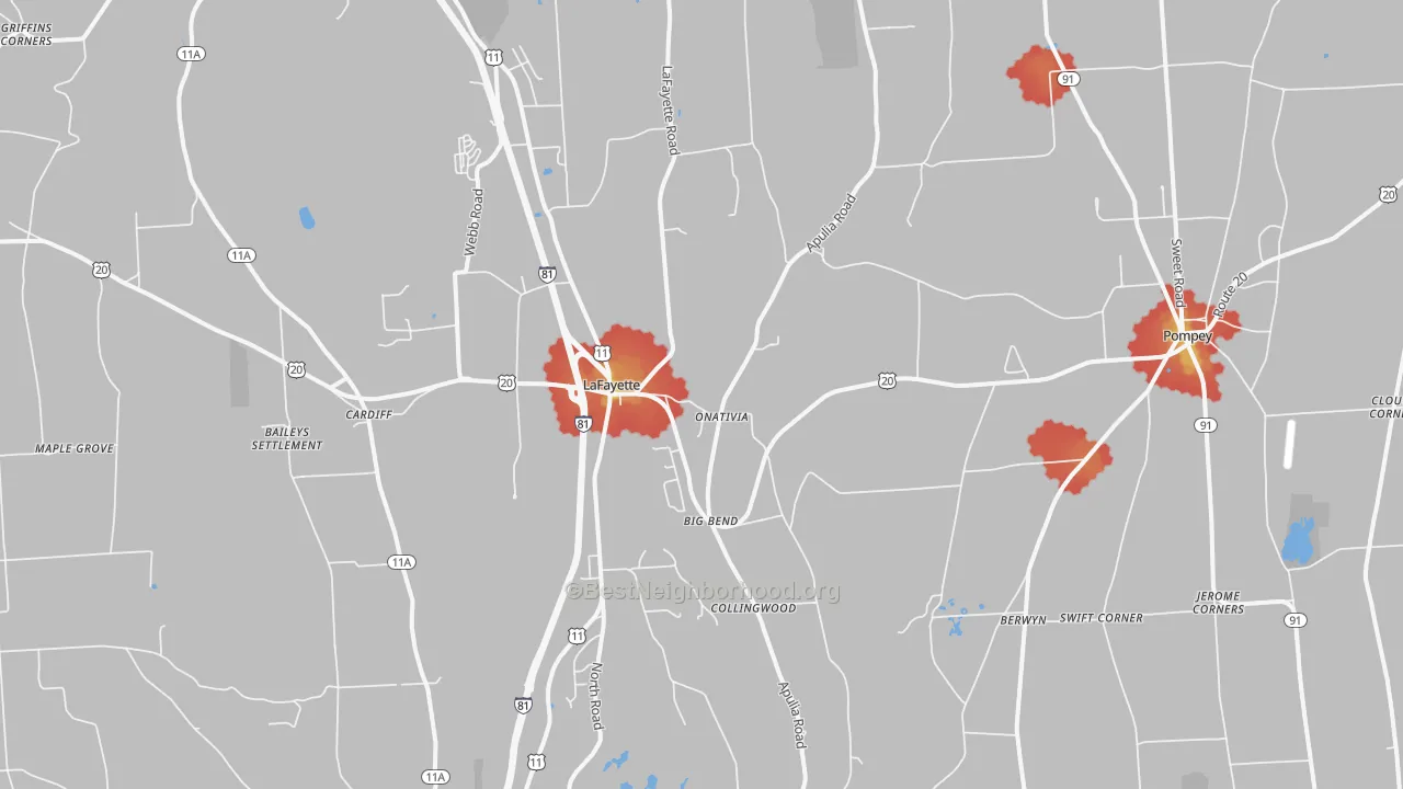 Walk Grade map of Lafayette, NY, walkable areas in green and car-dependent areas in red