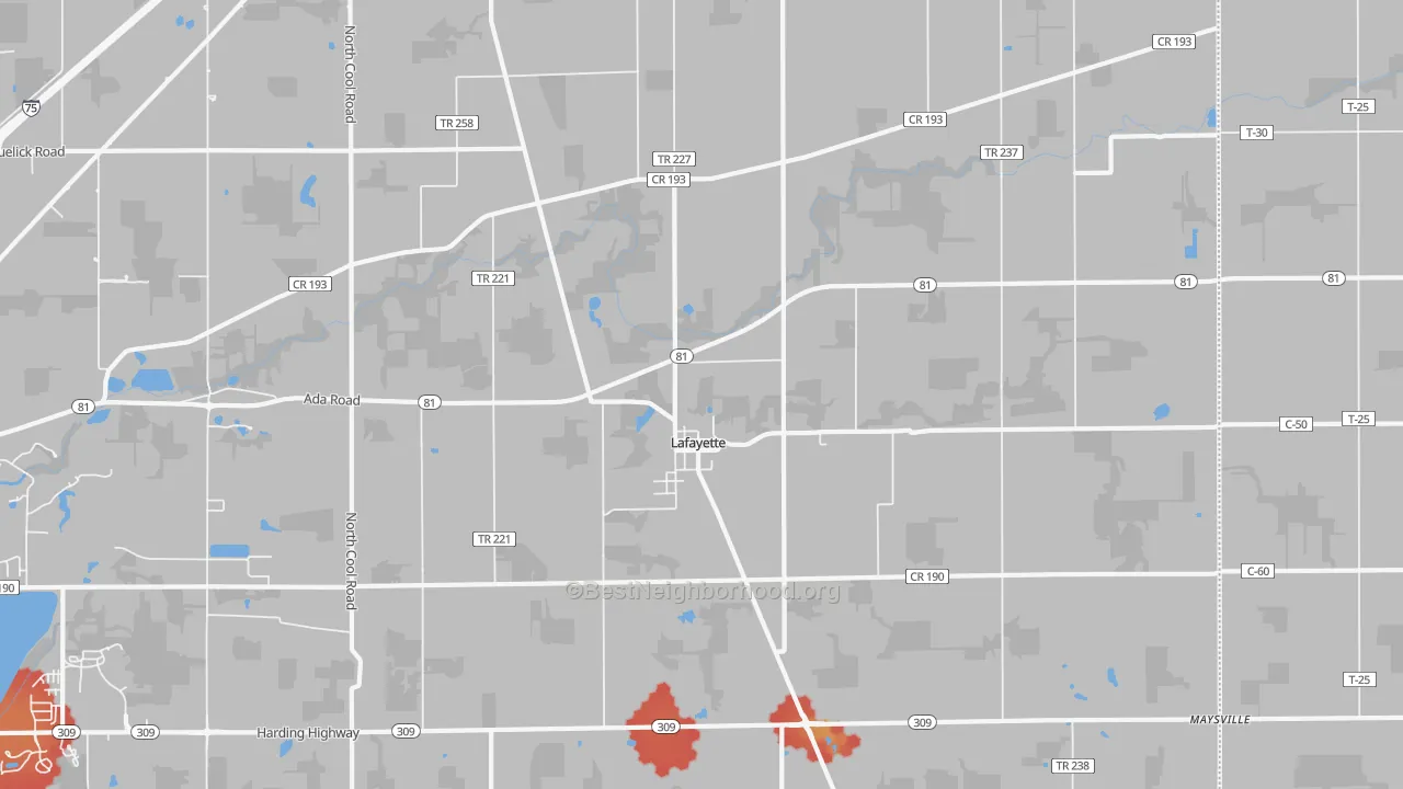 Walk Grade map of Lafayette, OH, walkable areas in green and car-dependent areas in red