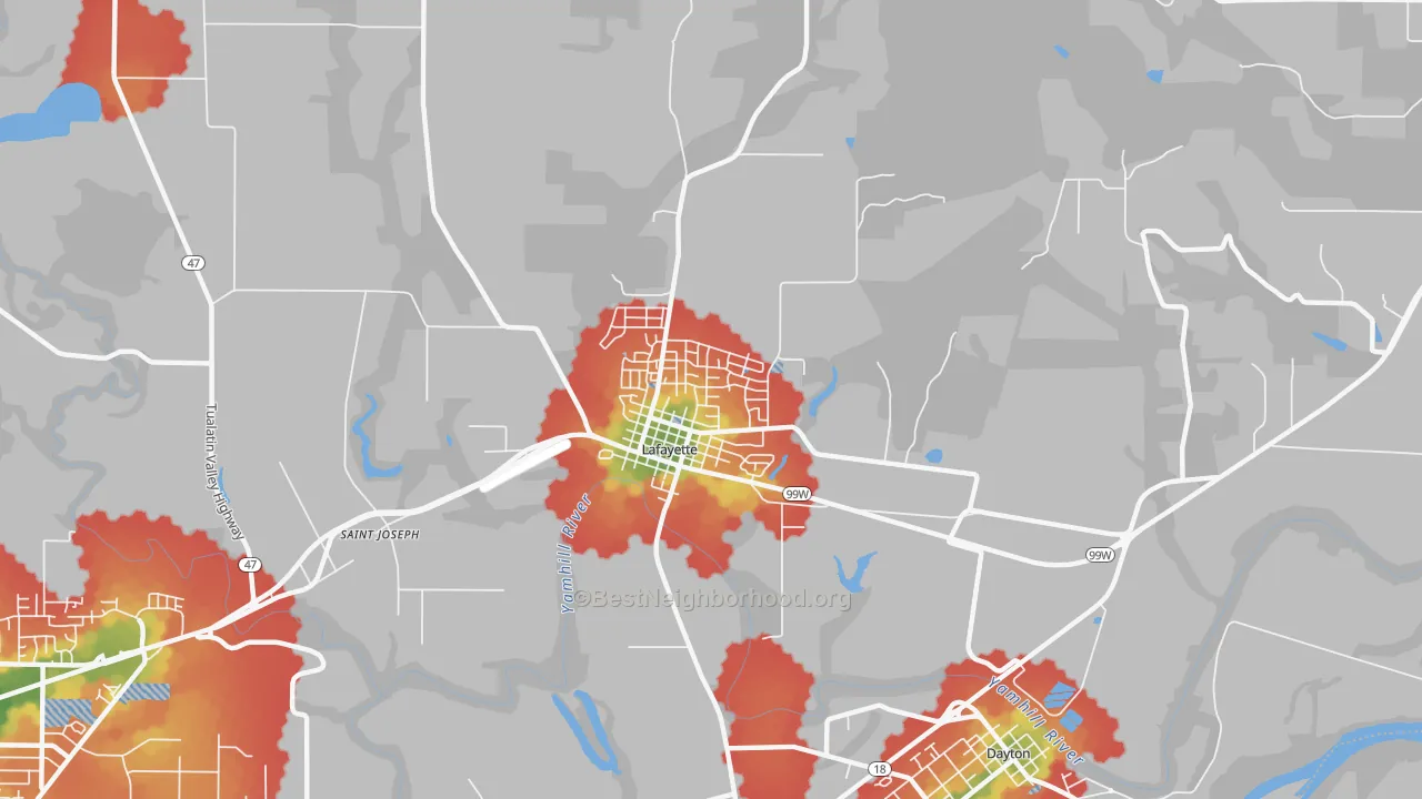 Walk Grade map of Lafayette, OR, walkable areas in green and car-dependent areas in red