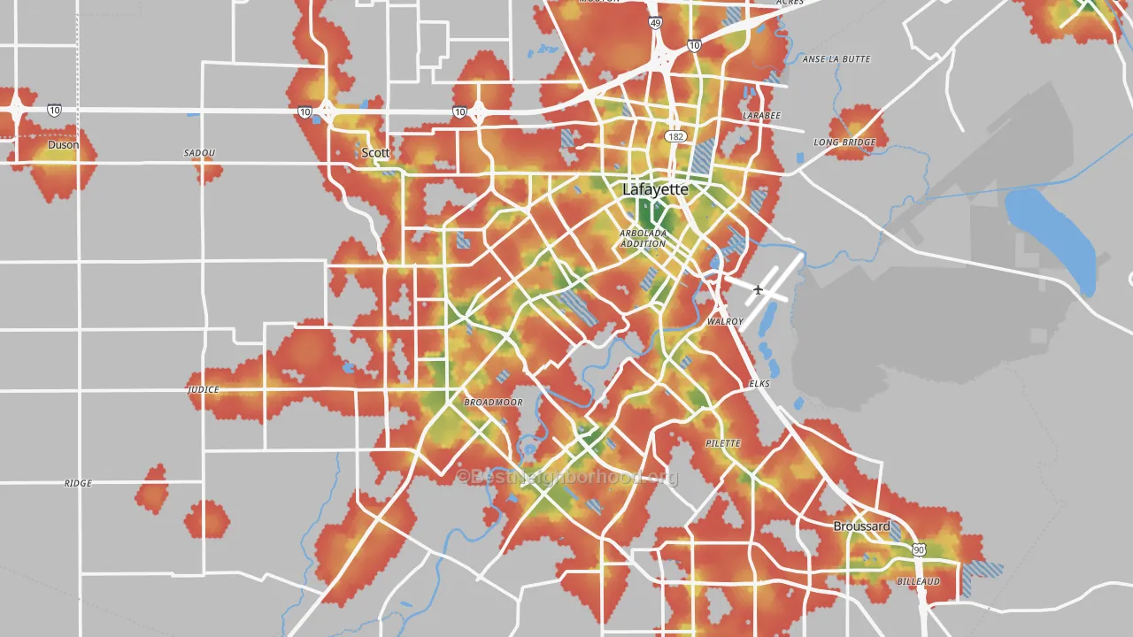Walk Grade map of Lafayette Parish, LA, walkable areas in green and car-dependent areas in red