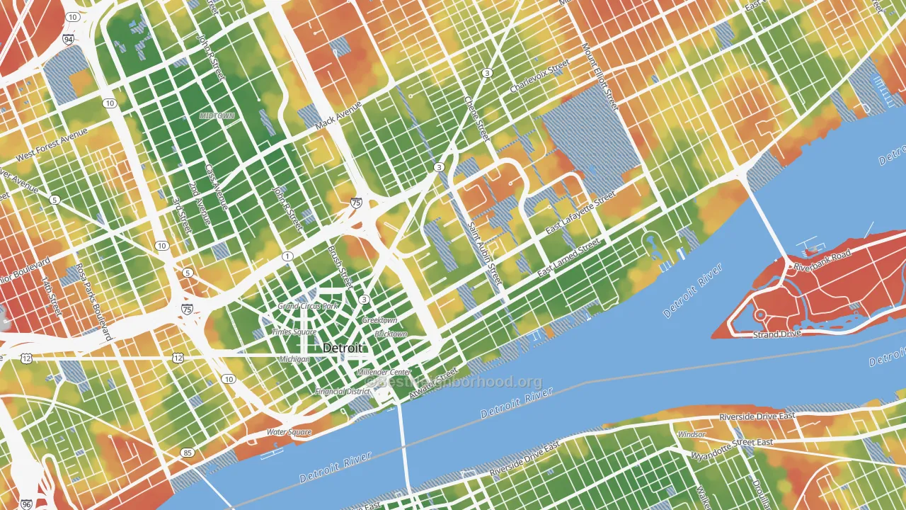Walk Grade map of Lafayette Park, Detroit, MI, walkable areas in green and car-dependent areas in red