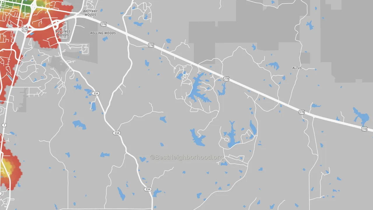 Walk Grade map of Lafayette Springs, MS, walkable areas in green and car-dependent areas in red