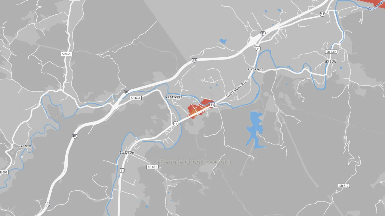 Walk Grade map of Lafayette, VA, walkable areas in green and car-dependent areas in red